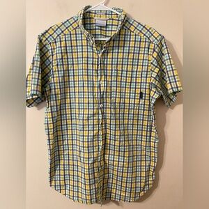 Men’s Columbia Yellow‎ Green Plaid Short Sleeve Button Down Shirt Size Medium